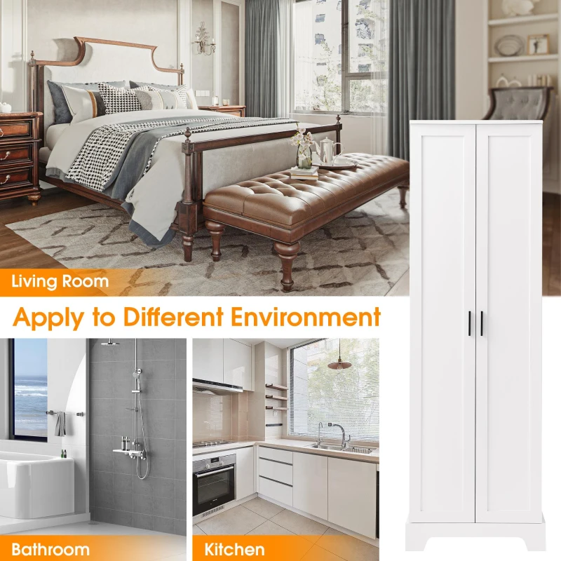 Multi-functional Storage Cabinet with Adjustable and Fixed Shelves, Tall Organizer Cabinet for Bathroom and Office, 23.5'' L x 17'' W x 71'' H, White