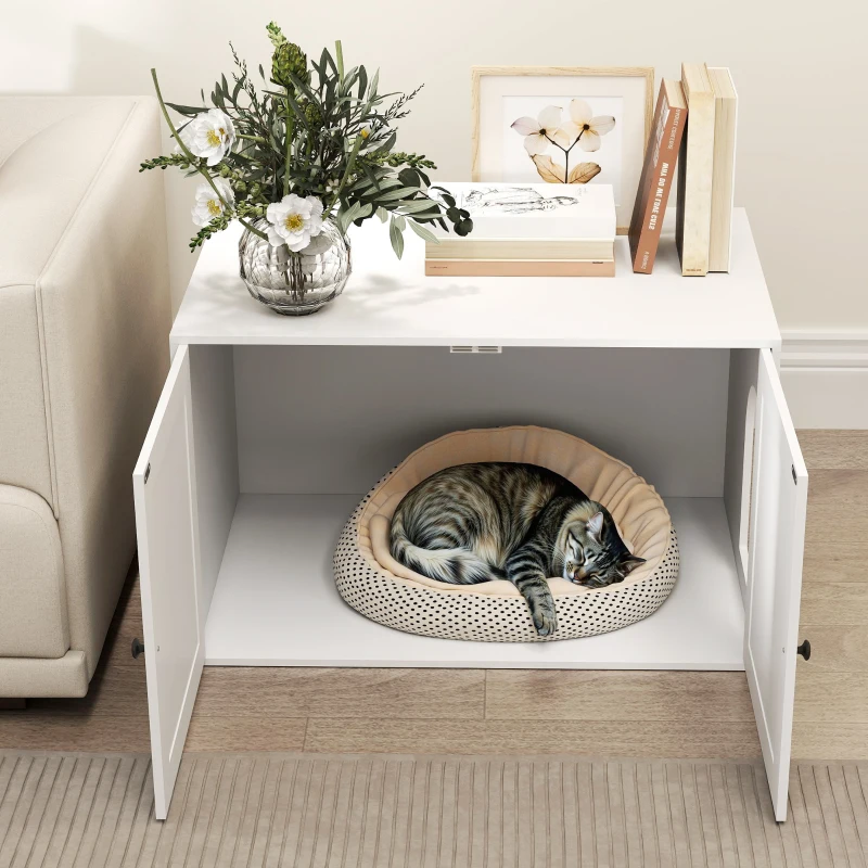 PawHut Cat Litter Box Enclosure with Barn Door, Cat Hole, 31.5" x 21" x 20", White