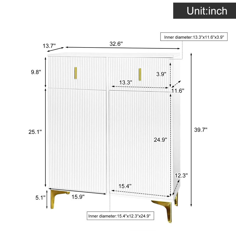 Elegant Sideboard with Push-To-Open Mechanism, Versatile Shoe Cabinet for Hallways and Entryways, 32.5" L x 13.5" W x 39.5" H, White