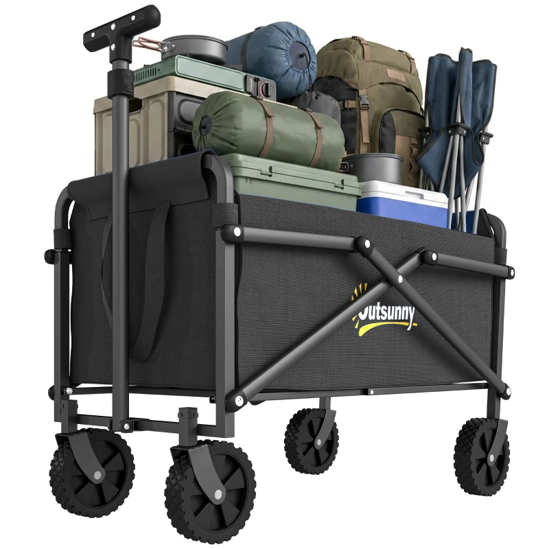 Outsunny Small Collapsible Folding Garden Cart, Heavy Duty Lawn Wagon with Universal Wheels and Adjustable Handle, Black