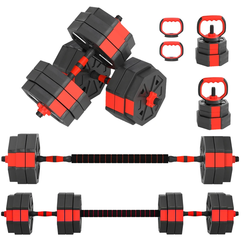 Soozier 6-in-1 Adjustable Dumbbell Set, Used as Kettlebell, Barbell, Dumbbell, Push-Up Stand, 66lbs Free Weights Set, Red