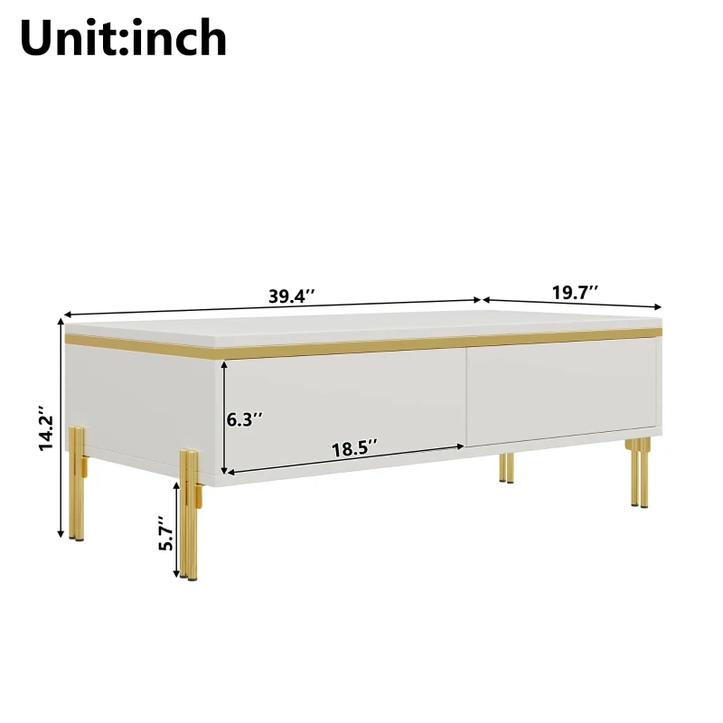 Modern High-Gloss Coffee Table with Hidden Dual Drawers, Stain-Resistant Center Table with Metal Legs, 39.5'' L x 19.5'' W x 14'' H, White