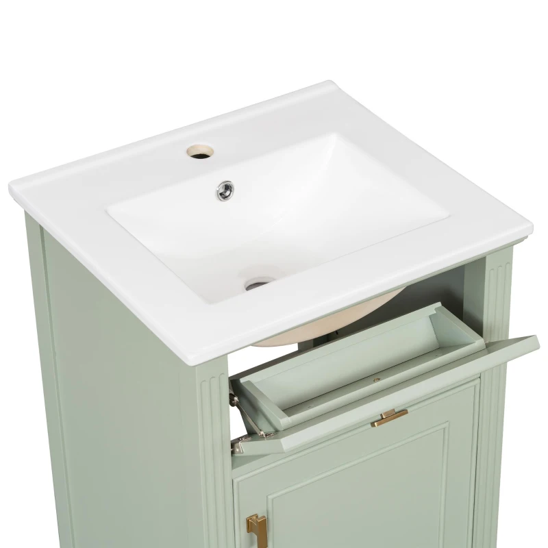Functional Bathroom Vanity with Ceramic Sink and Tip-Out Top Drawer, Perfect Cabinet for Compact Bathrooms, 20" L x 18.5" W x 33.5" H, Green
