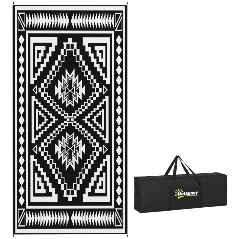 Outsunny Reversible Outdoor Rug, Waterproof Plastic Straw with Carry Bag, 9' x 18', Black & White Square Patchwork