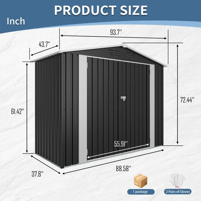 Vented Bike Storage House with Reinforced Roof Beams, Outdoor Metal Storage Shed for Backyard, 93.5'' L x 43.5'' W x 72.5'' H, Black