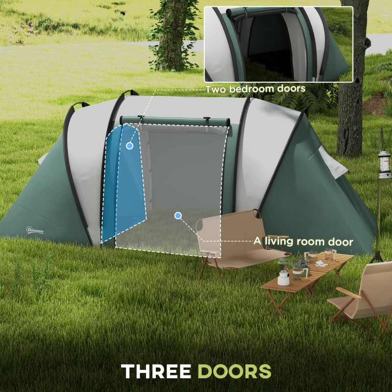 Outsunny Camping Tent with 2 Bedrooms and Living Area, 3000mm Waterproof Family Tent, for Fishing Hiking Festival, Army Green