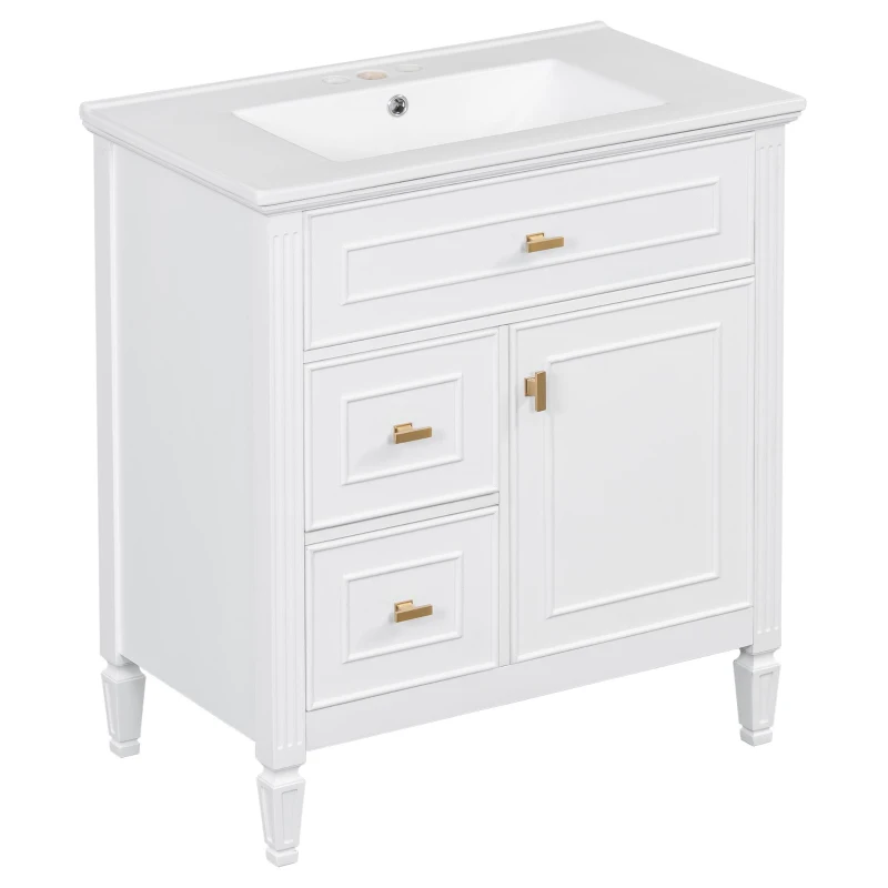 Spacious Vanity with Tip-Out Top Drawer and 2 Left-Side Drawers, Ideal Cabinet for Small-To-Medium Bathrooms, 30" L x 18.5" W x 33.5" H, White