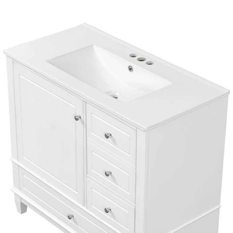 Spacious Bathroom Vanity with 3 Drawers and One-Door Cabinet, Freestanding Cabinet for Small Bathrooms, 36" L x 18.5" W x 33.5" H, White