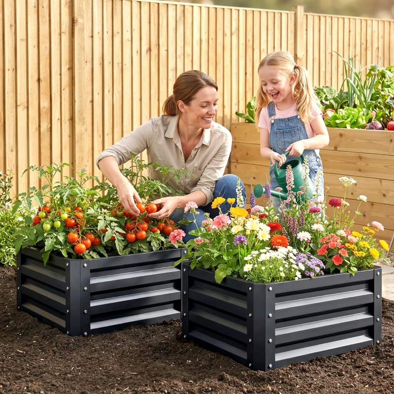 Outsunny 2pc 23.5" Elevated Herb & Vegetable Planting Box Kit w/ Versatile Uses, Dark Gray