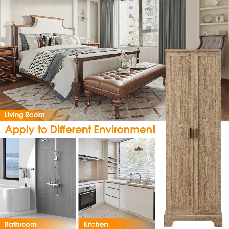 Multi-functional Storage Cabinet with Adjustable and Fixed Shelves, Tall Organizer Cabinet for Bathroom and Office, 23.5'' L x 17'' W x 71'' H, Brown