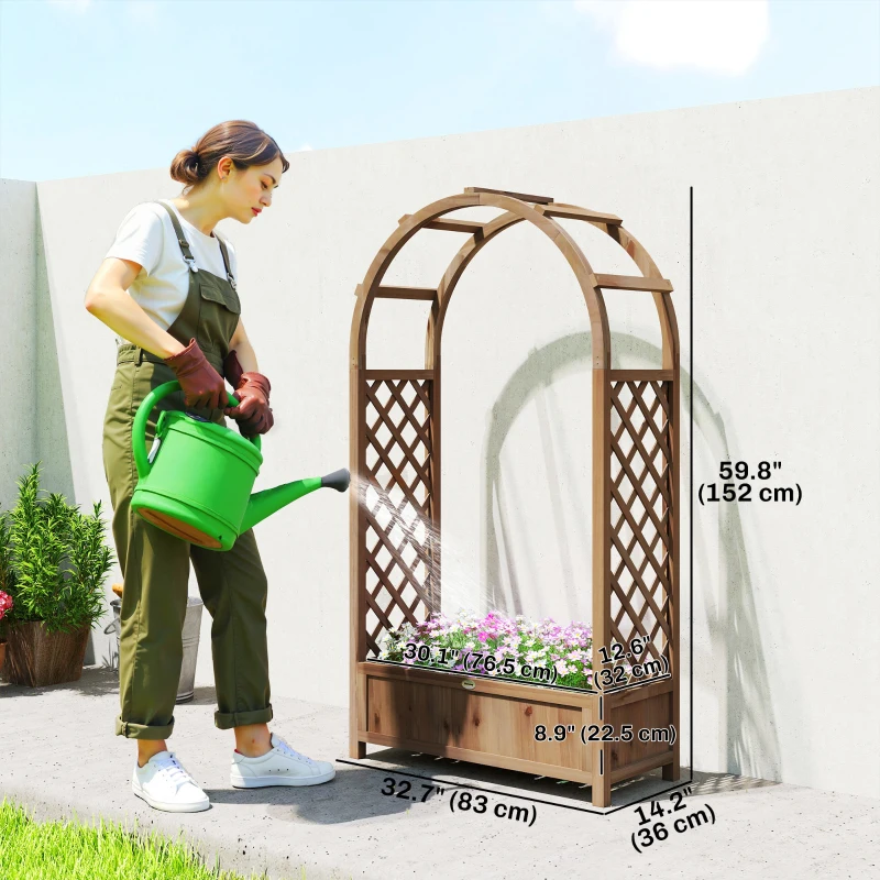 Outsunny Raised Garden Bed with Arch Trellis, Freestanding Garden Planter Box, Outdoor Planter Container, Dark Brown Wood Effect