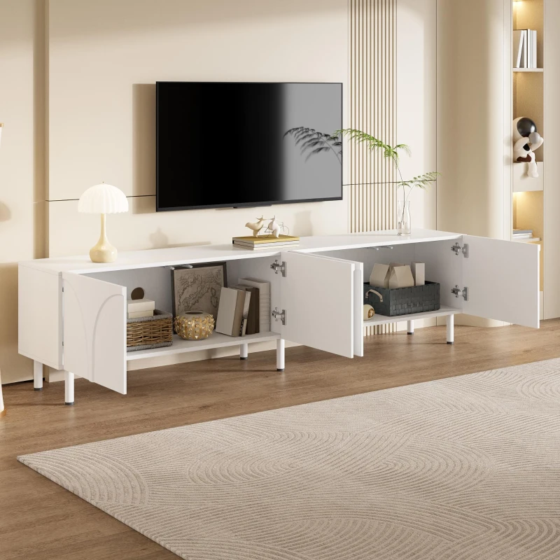 Low-Profile TV Cabinet with 4 Doors and 2 Internal Storage Compartments, Modern TV Stand with PB and MDF Construction, 71'' L x 14'' W x 19.5'' H, White