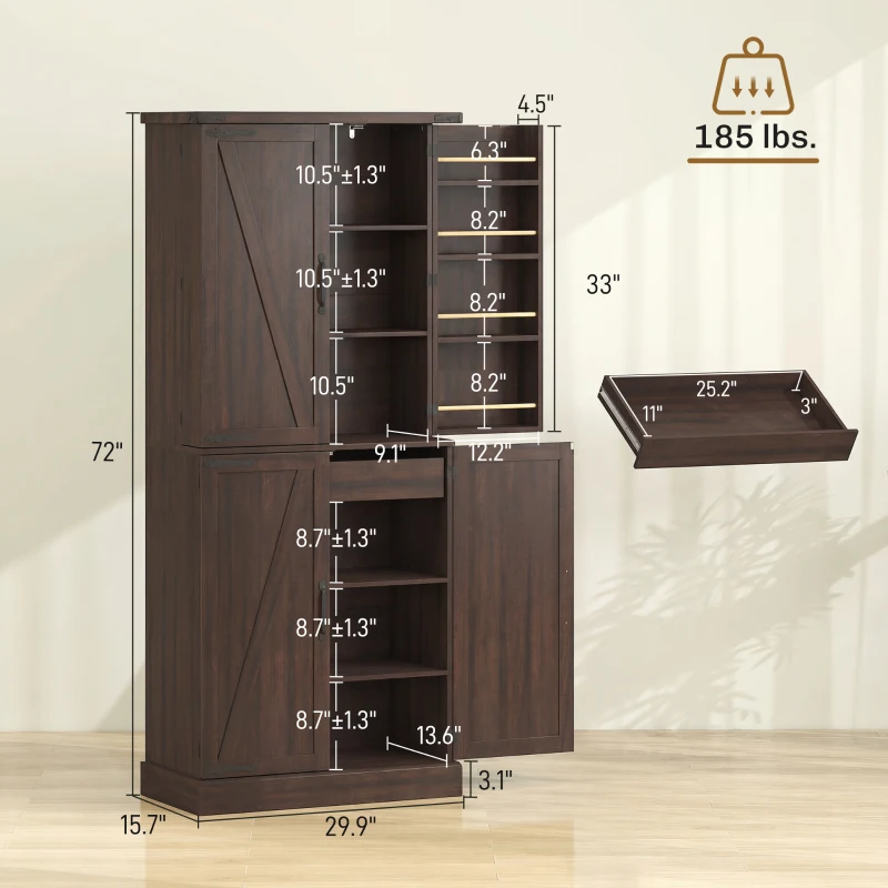 HOMCOM 72" Tall Kitchen Pantry Cabinet, Farmhouse Storage Cabinet with 8 Door Racks and Adjustable Shelves, Distressed Brown