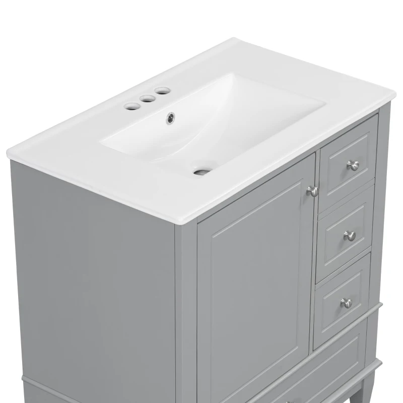 Stylish Bathroom Vanity with Easy-Clean Ceramic Sink and 3 Pre-Drilled Holes, Ideal Cabinet for Modern Bathrooms, 30" L x 18.5" W x 33.5" H, Gray