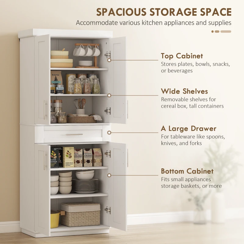 HOMCOM Modern Kitchen Pantry Freestanding Cabinet Cupboard with Doors and Drawer, Adjustable Shelving, White