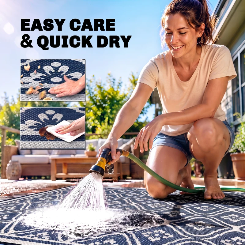 Outsunny 9' x 18' Outdoor RV Rug, Reversible Patio Floor Mat with Carry Bag, Gourd Border, Blue and White