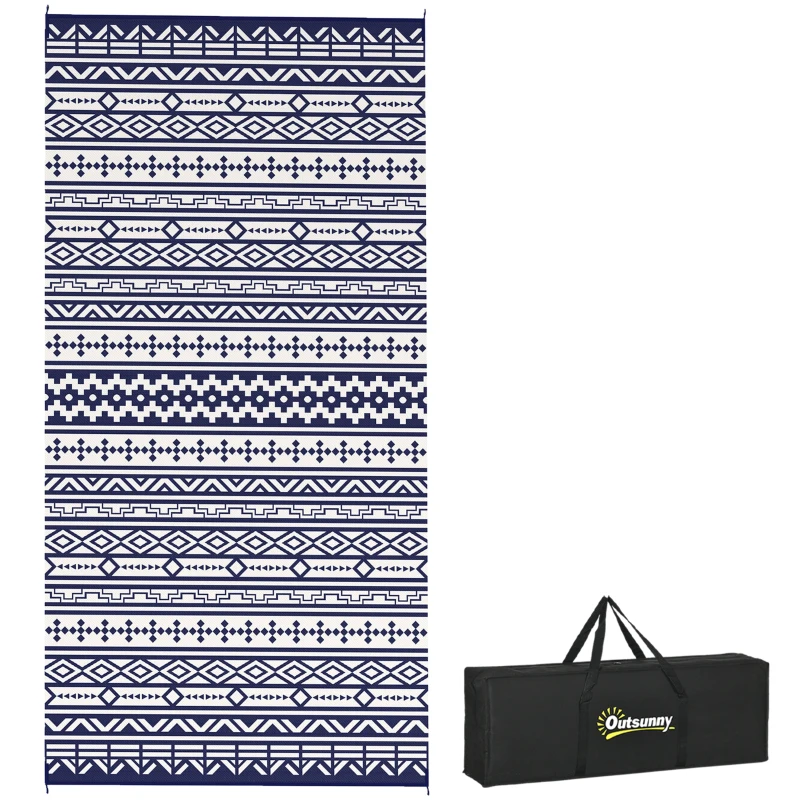 Outsunny 9' x 18' Outdoor RV Rug, Reversible Patio Floor Mat with Carry Bag, Geometric Wall, Blue and White