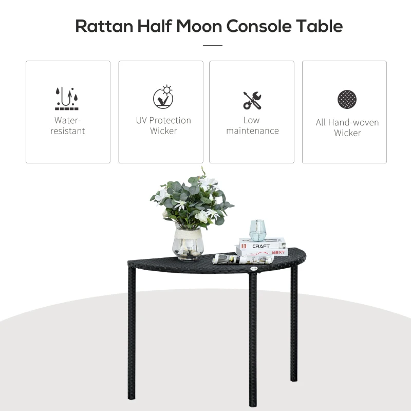 Outsunny Half Round Side Table, PE Rattan Coffee Table with Metal Frame for Patio, Garden, Balcony, Black