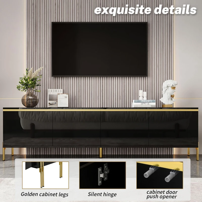 Modern High-Gloss TV Stand with Built-In Cable Management, Metal Legged TV Cabinet with Easy-Clean Surface, 67'' L x 15'' W x 19.5'' H, Black