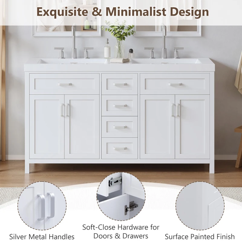 Double Sink Bathroom Vanity with Integrated Resin Sinks, 4-Drawer Storage Vanity for Modern Bathrooms, 59'' L x 19.5'' W x 33.5'' H, White