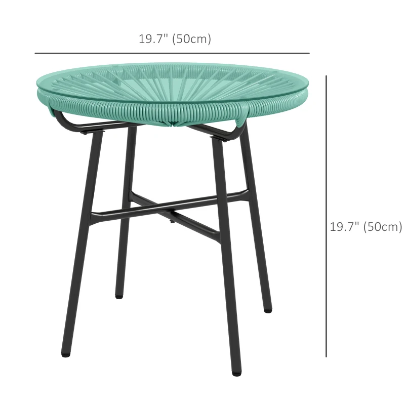 Outsunny Rattan Side Table, Round Outdoor Table, with Round PE Rattan and Tempered Glass Table Top for Patio, Garden, Light Green