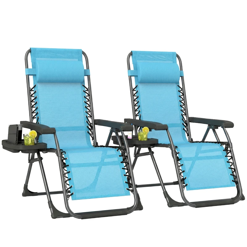 Outsunny Zero Gravity Chair Set of 2, Folding Reclining Outdoor Lounge Chair with Cup Holder, Headrest, Sky Blue
