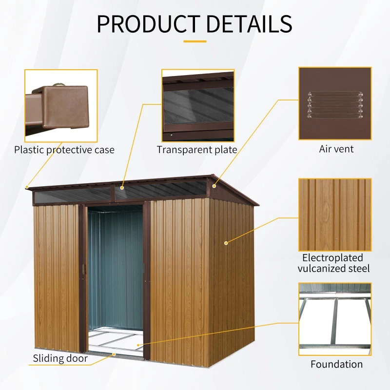 8ft x 6ft Outdoor Metal Storage Shed with Lockable Sliding Doors, Peaked Roof Metal House for Garden Tools, 93.5'' L x 68.5'' W x 77'' H, Coffee