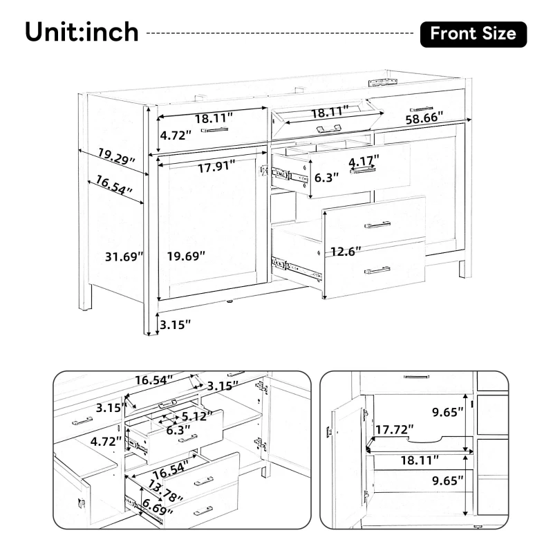 59-inch Bathroom Vanity Cabinet with Soft-Close Hinges, Divider Drawer Storage Console with Sturdy MDF Construction, 58.5'' L x 19'' W x 31.5'' H, White