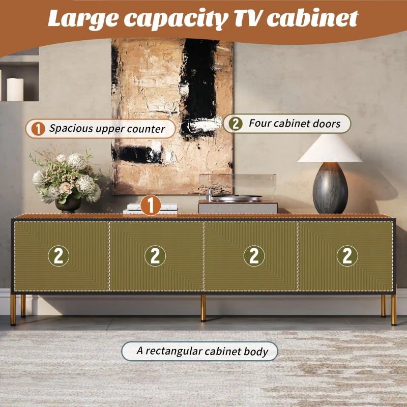 Modern TV Cabinet with Spacious Fully Enclosed Media Storage, Handle-Free 4-Door TV Stand with Slim Metal Legs, 70.5'' L x 14'' W x 21'' H, Black