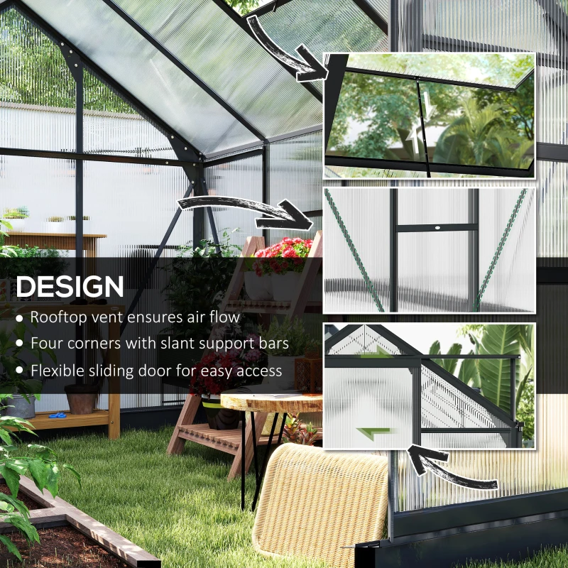 Outsunny Polycarbonate Greenhouse, Heavy Duty Outdoor Aluminum Walk-in Green House Kit Vent Door, 6.2'x8.3'x6.6' Gray