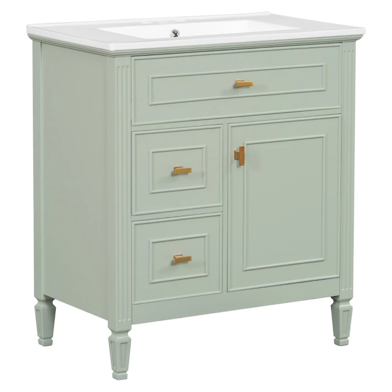 Spacious Vanity with Tip-Out Top Drawer and 2 Left-Side Drawers, Ideal Cabinet for Small-To-Medium Bathrooms, 30" L x 18.5" W x 33.5" H, Green