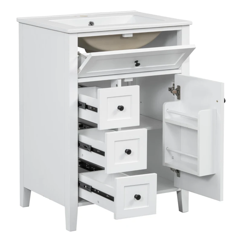 Sleek Bathroom Vanity with Tip-Out Top Drawer and 3 Pull-Out Drawers, Stylish Cabinet with Freestanding Design, 24" L x 18.5" W x 34" H, White