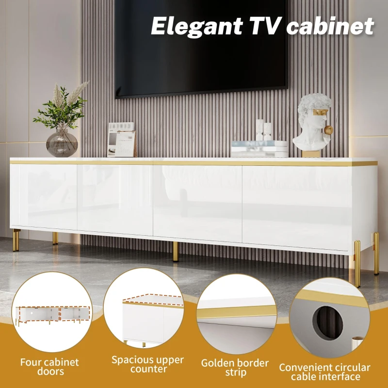 Modern High-Gloss TV Stand with Built-In Cable Management, Metal Legged TV Cabinet with Easy-Clean Surface, 67'' L x 15'' W x 19.5'' H, White