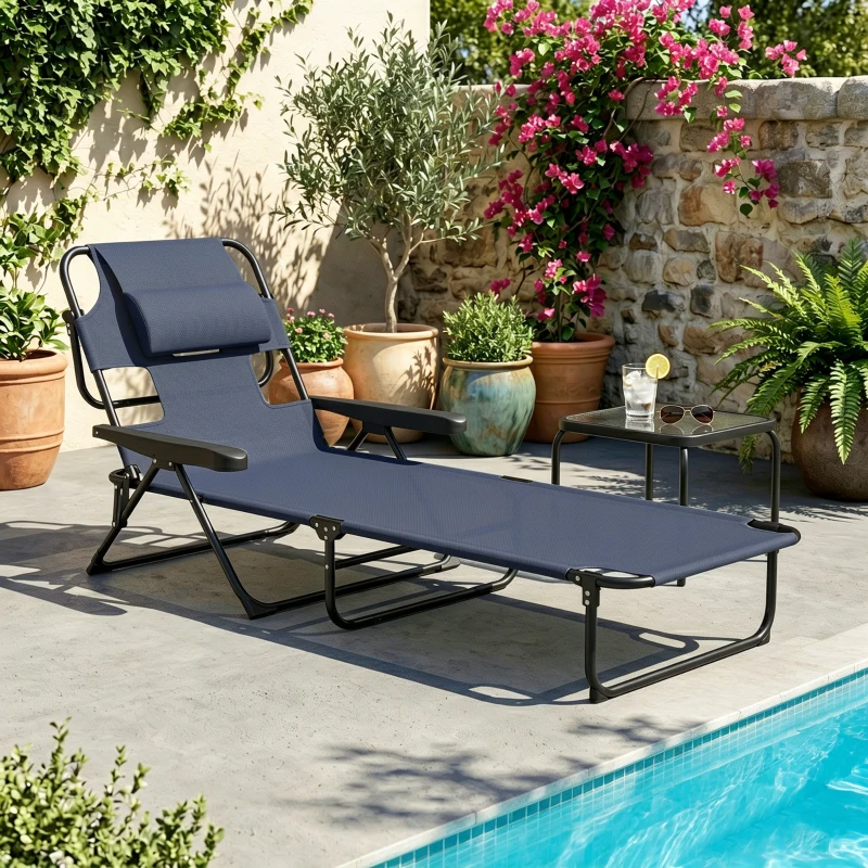 Outsunny Folding Lounge Chair w/ Reclining Back, Navy Blue