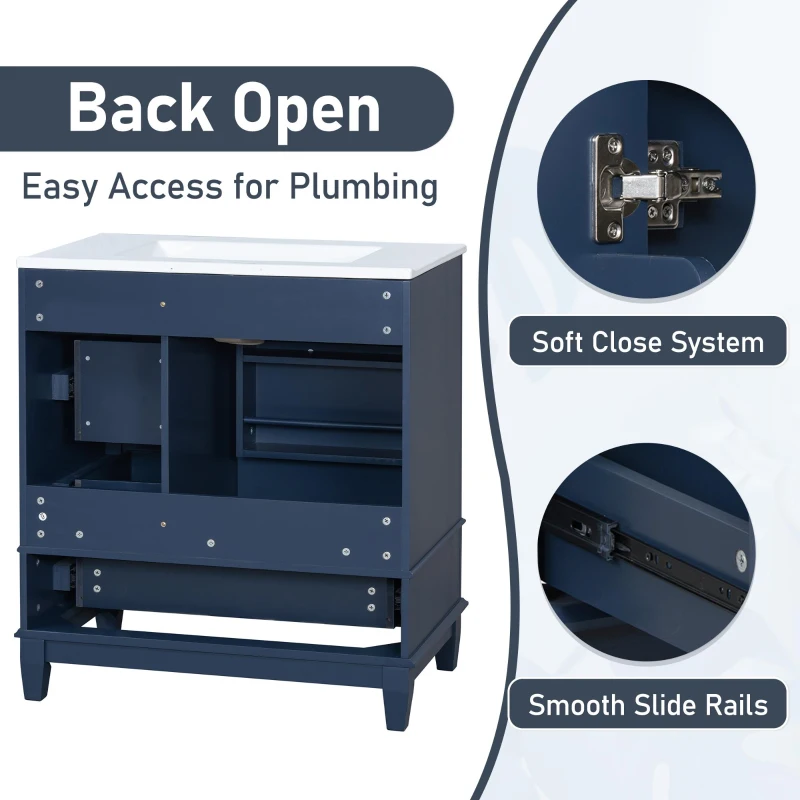 Stylish Bathroom Vanity with Easy-Clean Ceramic Sink and 3 Pre-Drilled Holes, Ideal Cabinet for Modern Bathrooms, 30" L x 18.5" W x 33.5" H, Blue