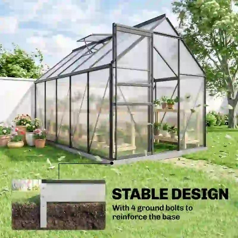 Outsunny 6' x 12' x 6.5' Polycarbonate Greenhouse, Walk-in Green House with Aluminum Frame Adjustable Roof Vent Galvanized Base Sliding Door Rain Gutter for Outdoor Garden, Grey