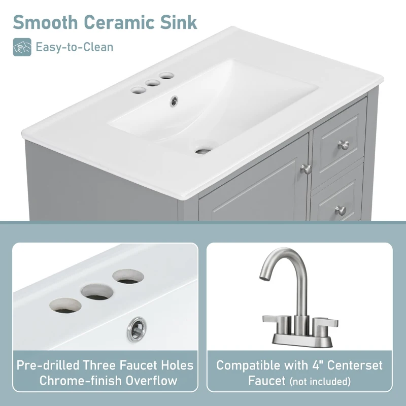Stylish Bathroom Vanity with Easy-Clean Ceramic Sink and 3 Pre-Drilled Holes, Ideal Cabinet for Modern Bathrooms, 30" L x 18.5" W x 33.5" H, Gray