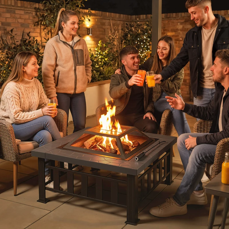 Outsunny 34" Outdoor Fire Pit Square Steel Wood Burning Firepit Bowl with Spark Screen, Waterproof Cover, Log Grate, Poker for Backyard, Camping, BBQ, Bonfire