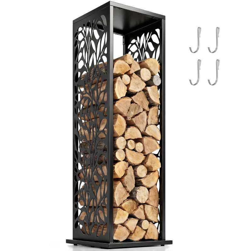 Outsunny 15 Inch Firewood Rack Outdoor Indoor, Cutout Galvanized Steel Firewood Holder with Hooks, Adjustable Pads, Black