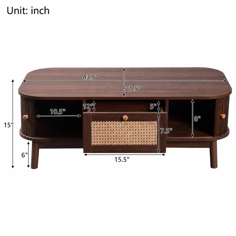 Rattan Coffee Table with Woven Drawers and Unique Sliding Cabinet Doors, Sliding Door Center table with Slatted Base, 43.5'' L x 21.5'' W x 15'' H, Wood