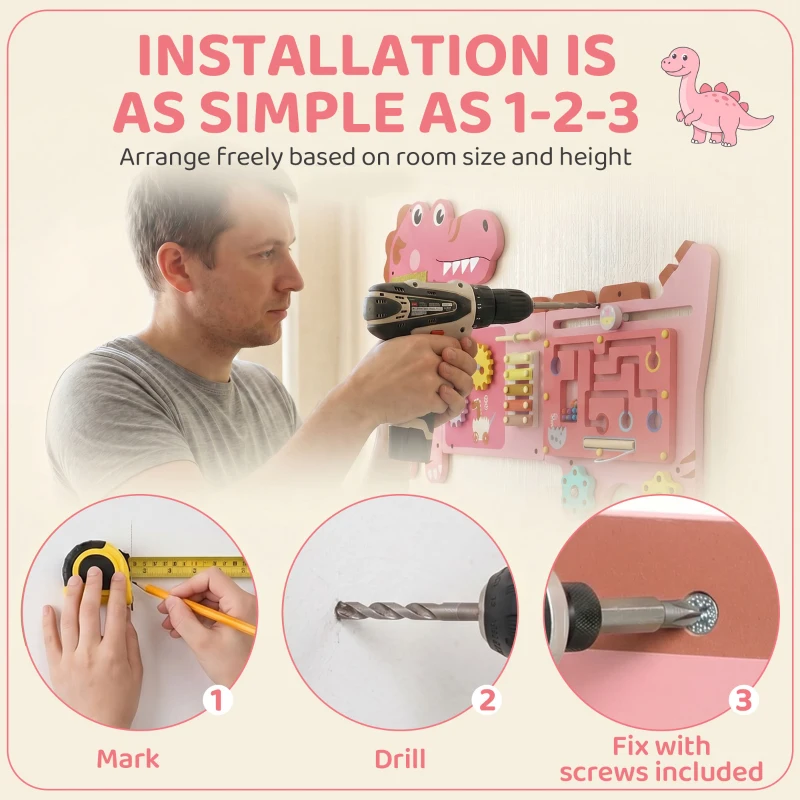 Qaba Busy Board Panels wall mounted Montessori Sensory Toys dinosaur center 87 x 52 x 5.5 cm Pink