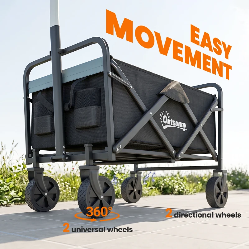Outsunny Steel Frame Folding Garden Cart, Collapsible Wagon with Telescopic Handle and All-Terrain Wheels
