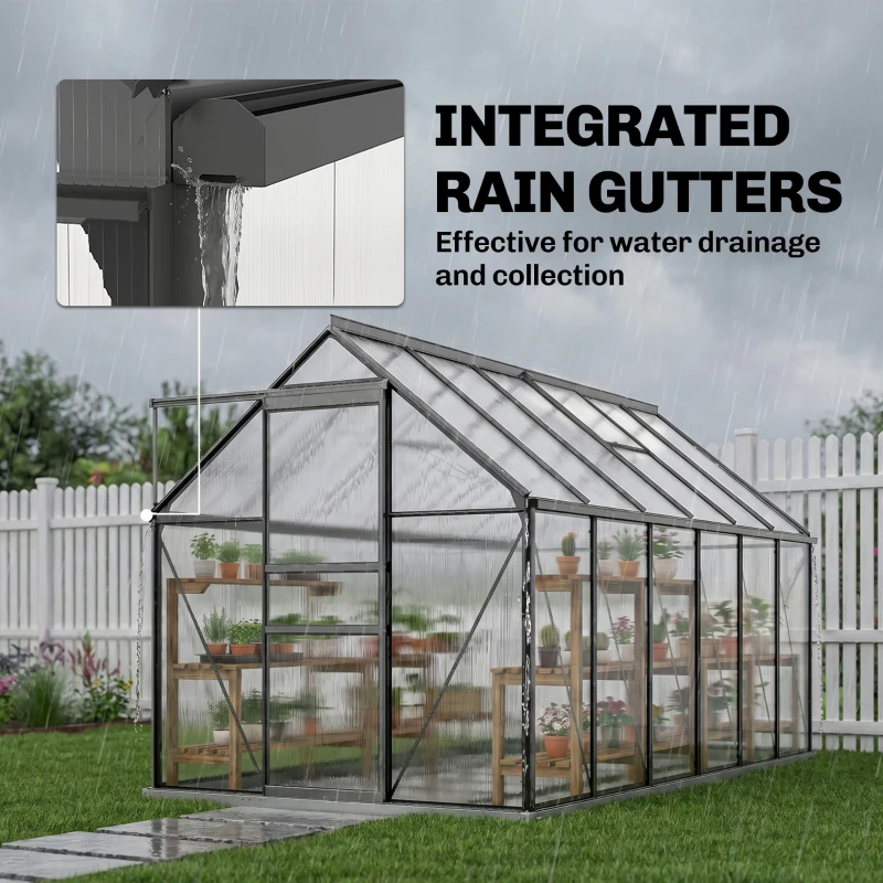 Outsunny 6' x 12' x 6.5' Polycarbonate Greenhouse, Walk-in Green House with Aluminum Frame Adjustable Roof Vent Galvanized Base Sliding Door Rain Gutter for Outdoor Garden, Grey