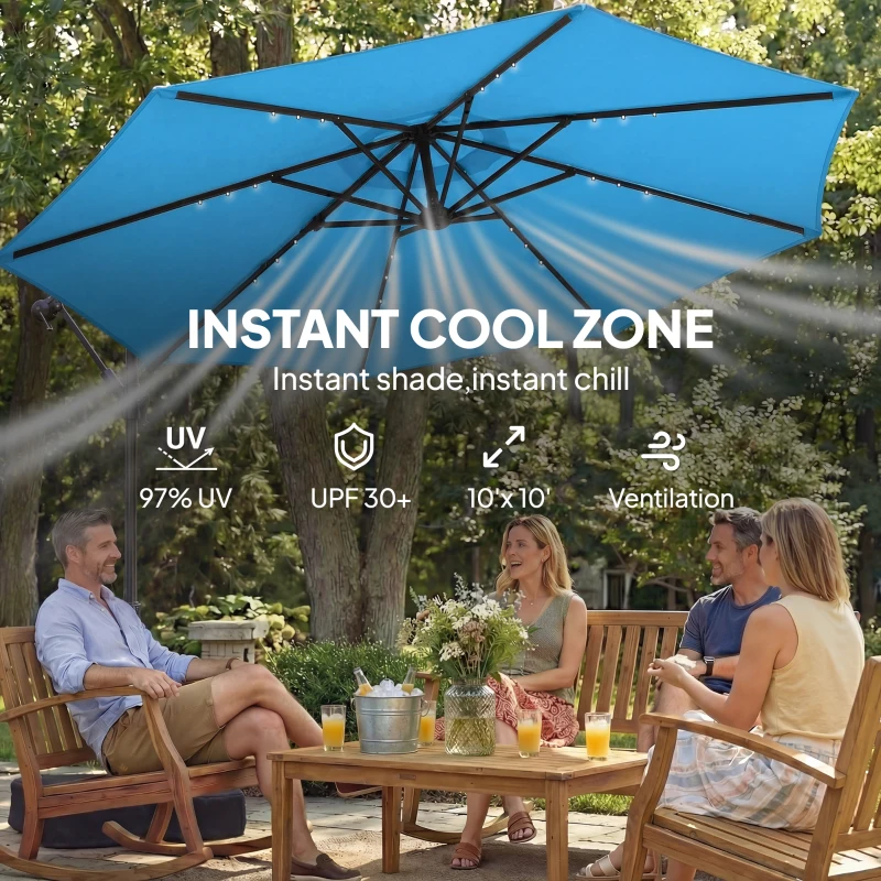 Outsunny 10 ft Cantilever Patio Umbrella with Light, Weight, Offset Hanging Outdoor Umbrella with Protective Cover, Lake Blue