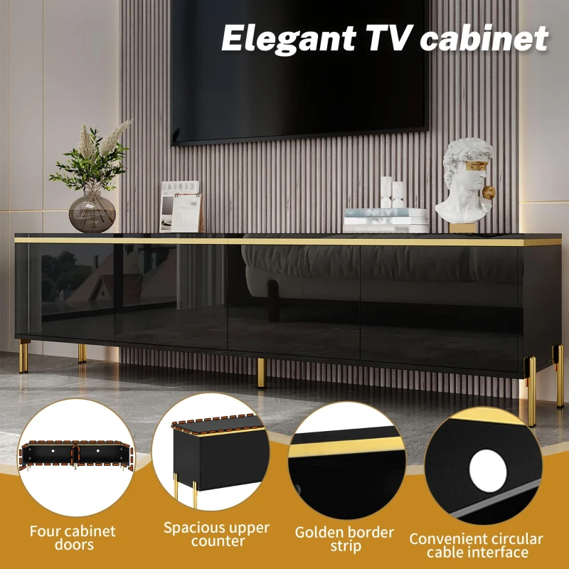 Modern High-Gloss TV Stand with Built-In Cable Management, Metal Legged TV Cabinet with Easy-Clean Surface, 67'' L x 15'' W x 19.5'' H, Black
