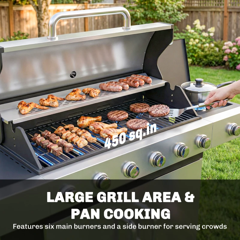 Outsunny 6 Burner Propane Gas Grill with Side Burner, Barbecue Grill with Cast Iron Grates, Wheels, Side Tables, Cabinet