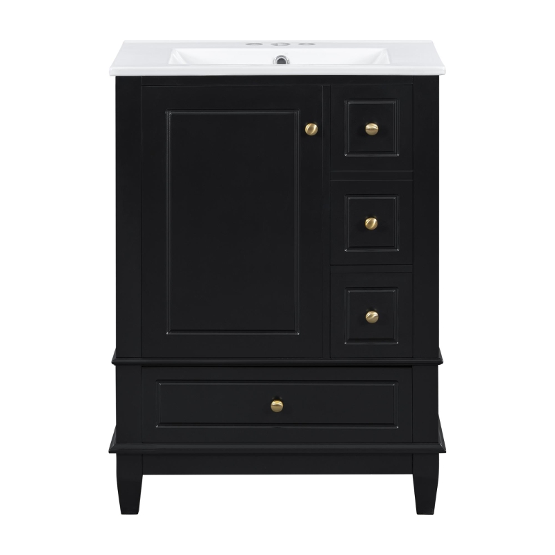 Spacious Bathroom Vanity with 3 Drawers and One-Door Cabinet, Freestanding Cabinet for Small Bathrooms, 24" L x 18.5" W x 34" H, Black