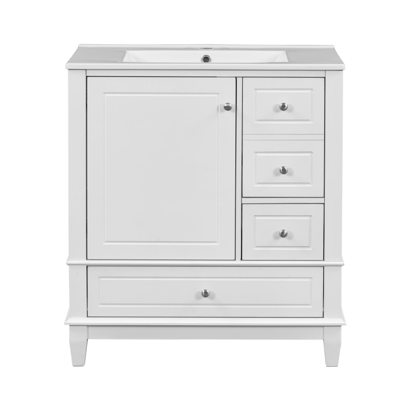 Stylish Bathroom Vanity with Easy-Clean Ceramic Sink and 3 Pre-Drilled Holes, Ideal Cabinet for Modern Bathrooms, 30" L x 18.5" W x 33.5" H, White