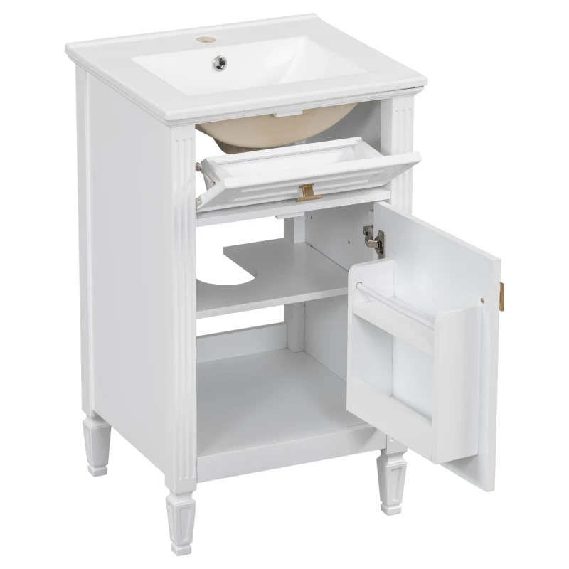 Functional Bathroom Vanity with Ceramic Sink and Tip-Out Top Drawer, Perfect Cabinet for Compact Bathrooms, 20" L x 18.5" W x 33.5" H, White