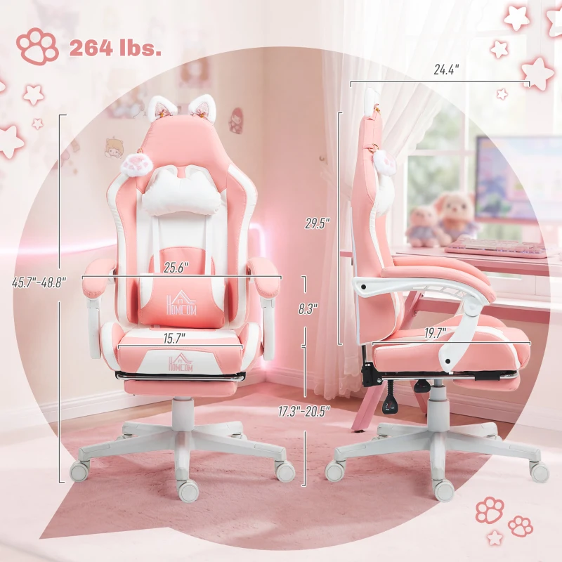 HOMCOM Cute Racing Gamer Chair, Faux Leather Gaming Chair with Footrest, Headrest and Lumbar Support, Pink